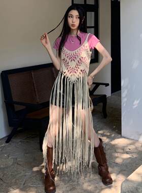 波西米亚风镂空流苏吊带罩衫女夏季设计感手工编织无袖背心连衣裙