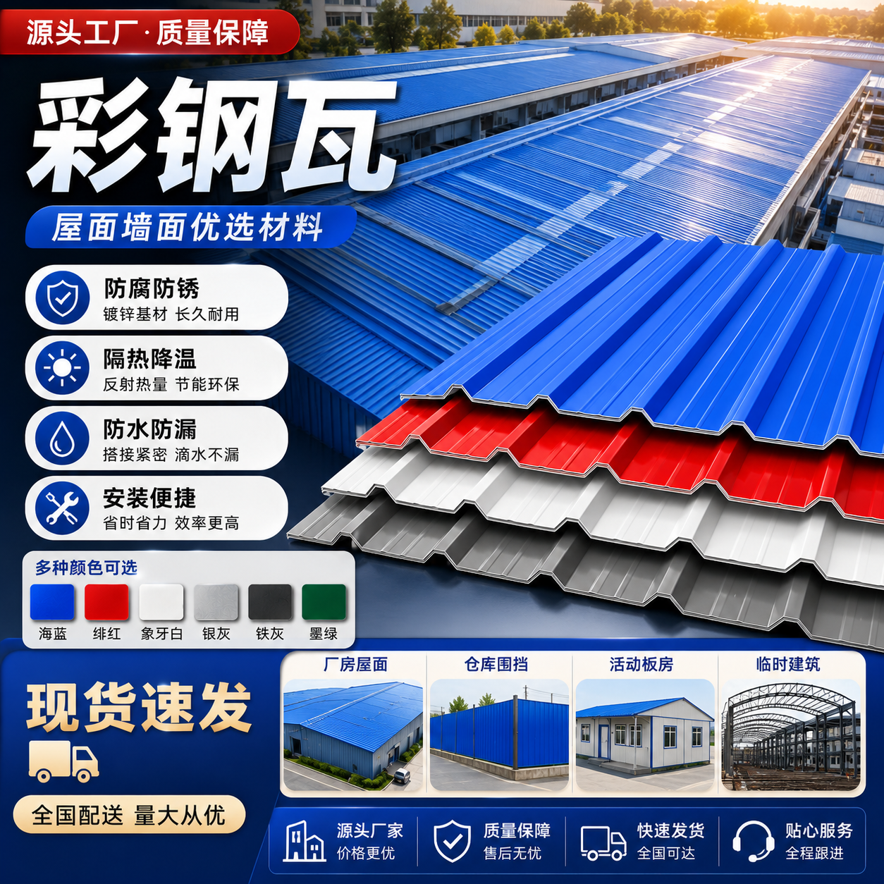 0.3厚彩钢板彩钢瓦铁皮工地围墙屋顶雨棚防水防晒900型铁皮瓦楞