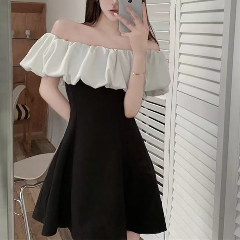 夏季法式赫本一字肩A字连衣裙