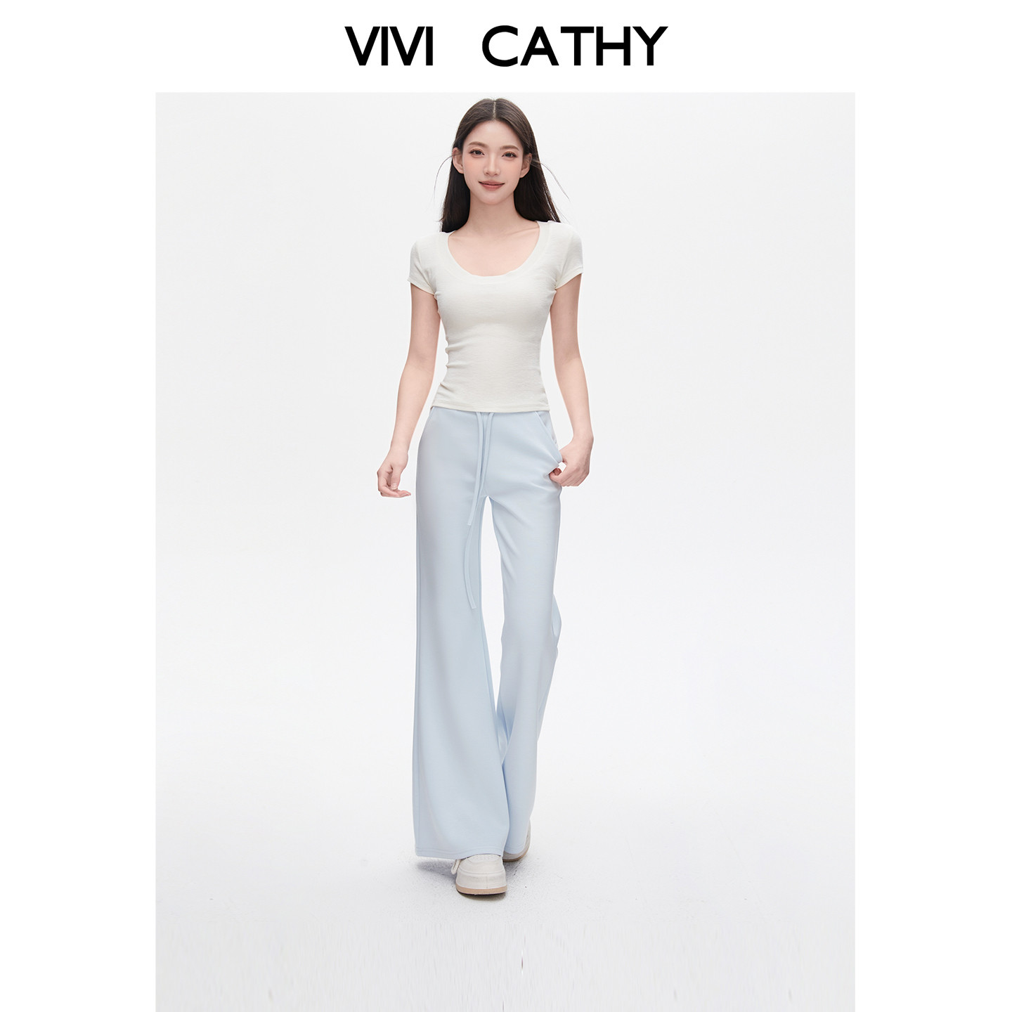 VIVICATHY2026春夏低腰休闲蓝色微喇卫裤女美式慵懒垂感运动长裤