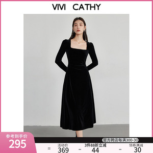 VIVICATHY2023大码女装冬复古方领半圆抽褶收腰丝绒大摆长裙