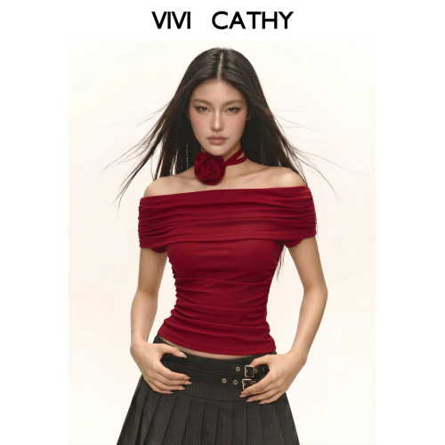 VIVICATHY2026夏季辣妹一字肩短袖T恤花朵设计感锁骨露肩上衣