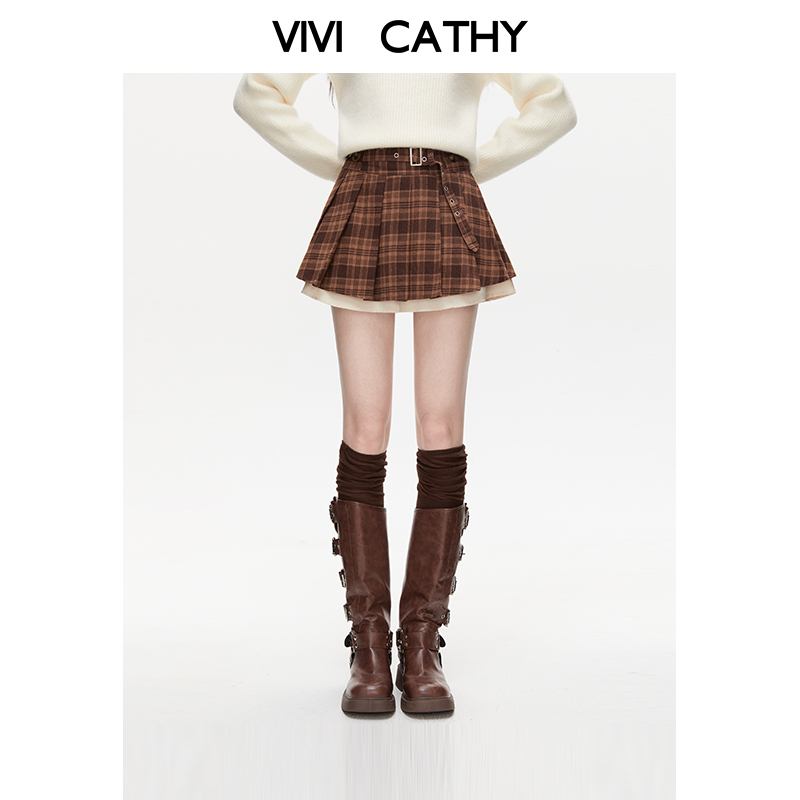 VIVICATHY咖色格子百褶裙女装2025秋冬新款半身裙JK高腰a字短裙子