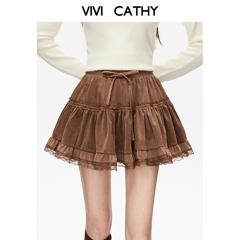 VIVICATHY2025秋冬甜辣妹灯芯绒蛋糕蓬蓬裙女复古蕾丝咖色半身裙