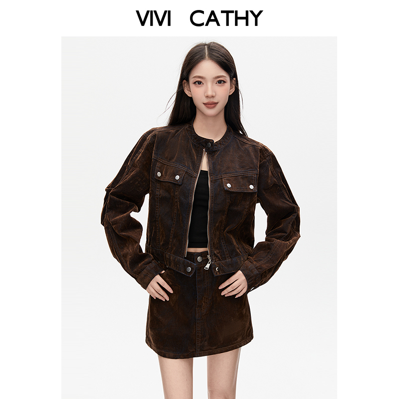 VIVICATHY2025秋冬美式辣妹咖色立领外套女短款牛仔植绒夹克上衣