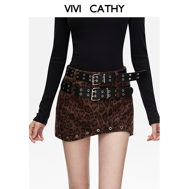 VIVICATHY双腰带豹纹半身裙女装2025秋冬新款a字辣妹包臀迷你短裙