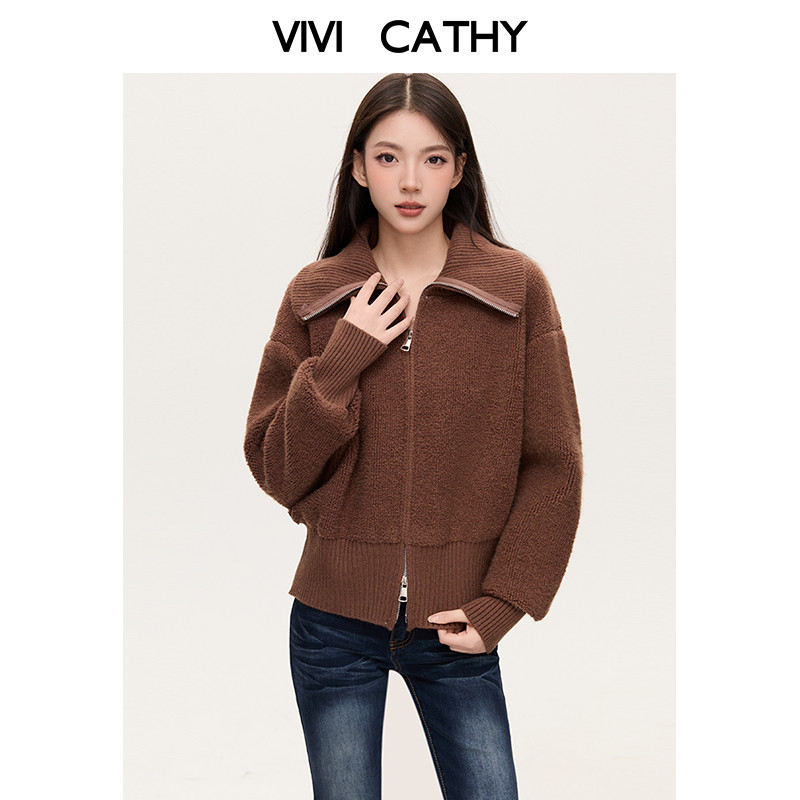 VIVICATHY2025秋冬慵懒大翻领毛衣开衫女宽松双拉链针织外套上衣