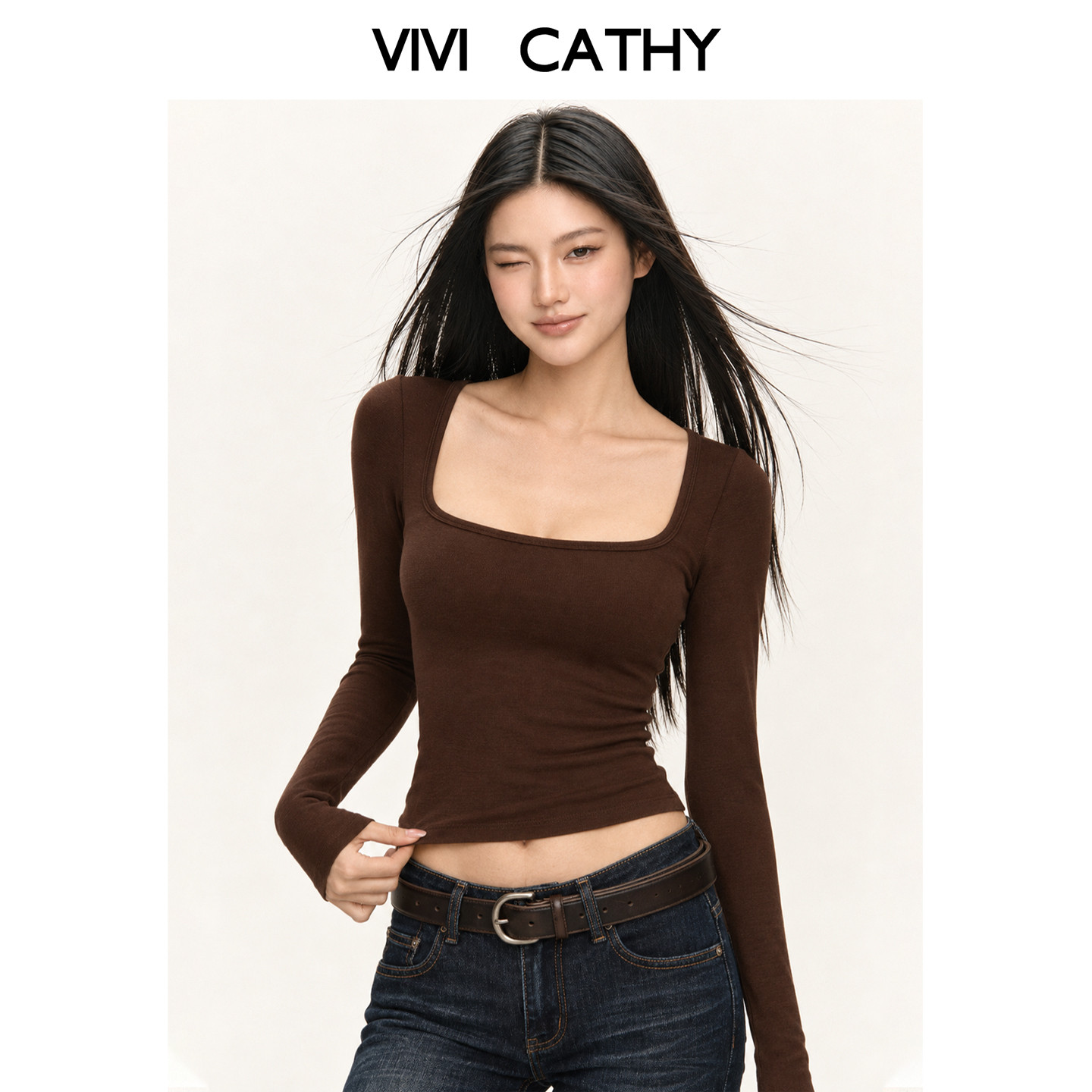 VIVICATHY含胸垫纯色百搭修身显瘦打底女2026秋冬新款大U领正肩