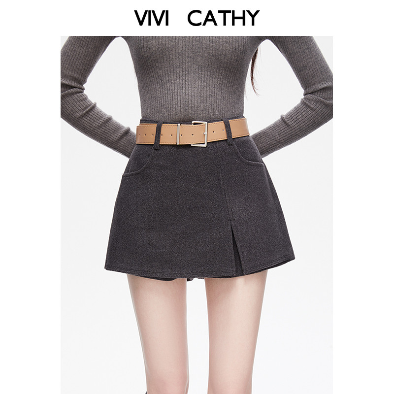 VIVICATHY2025秋冬灰色简约a字呢料半身裙女韩系高级感气质短裙,女装/女士精品,休闲裤,淘宝优惠券,粉丝福利购,淘宝优惠卷
