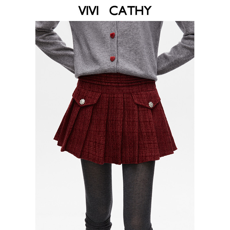 VIVICATHY2025秋冬红色粗花呢半身裙小个子高腰显瘦小香风百褶裙