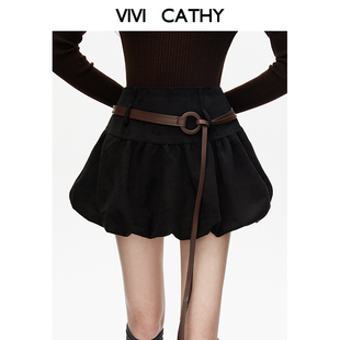 VIVICATHY2025秋冬黑色高腰麂皮绒花苞裙女小个子蓬蓬裙泡泡短裙