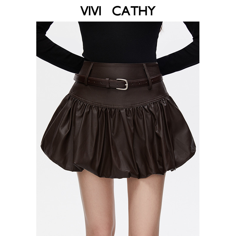 VIVICATHY2026春季美式辣妹高腰花苞皮裙女褶皱蓬蓬显瘦a字半身裙,女装/女士精品,半身裙,淘宝优惠券,粉丝福利购,淘宝优惠卷