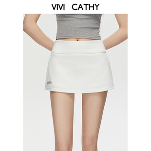 VIVICATHY2025夏美式 复古辣妹半身裙女高腰搭片白色显瘦A字裙裤