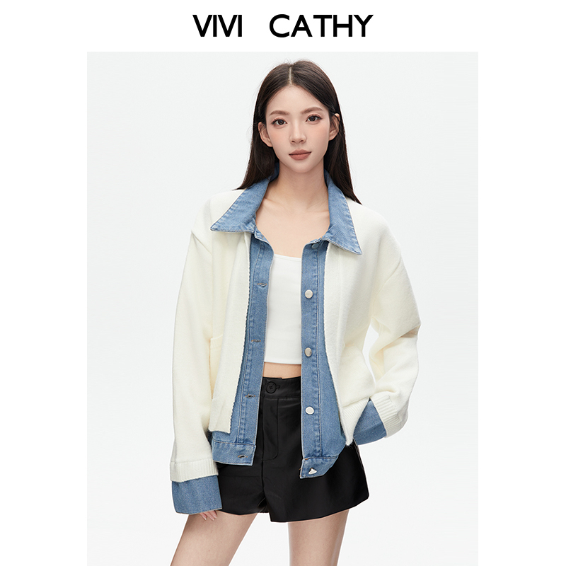 VIVICATHY2025秋假两件牛仔拼接外套女宽松休闲白色针织开衫上衣
