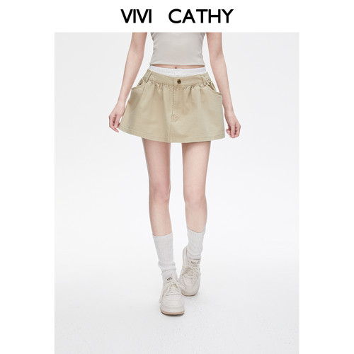 VIVICATHY2026春夏卡其拼接假两件蓬蓬短裙女a字工装辣妹半身裙