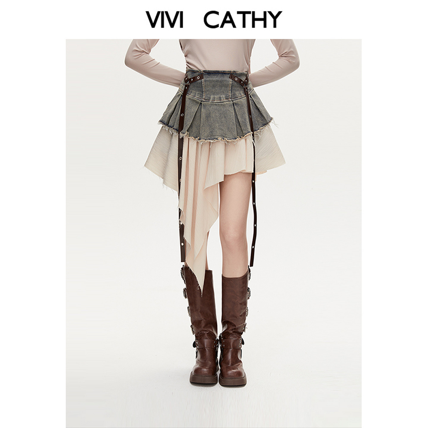 VIVICATHY2026秋季新款美式不规则牛仔半身裙女拼接半裙复古短裙