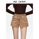 休闲辣妹靴裤 美式 外穿 女25秋冬新款 VIVICATHY卡其色麂皮短裤