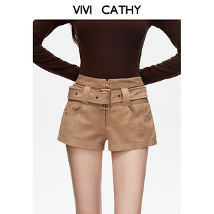 休闲辣妹靴裤 美式 外穿 女25秋冬新款 VIVICATHY卡其色麂皮短裤
