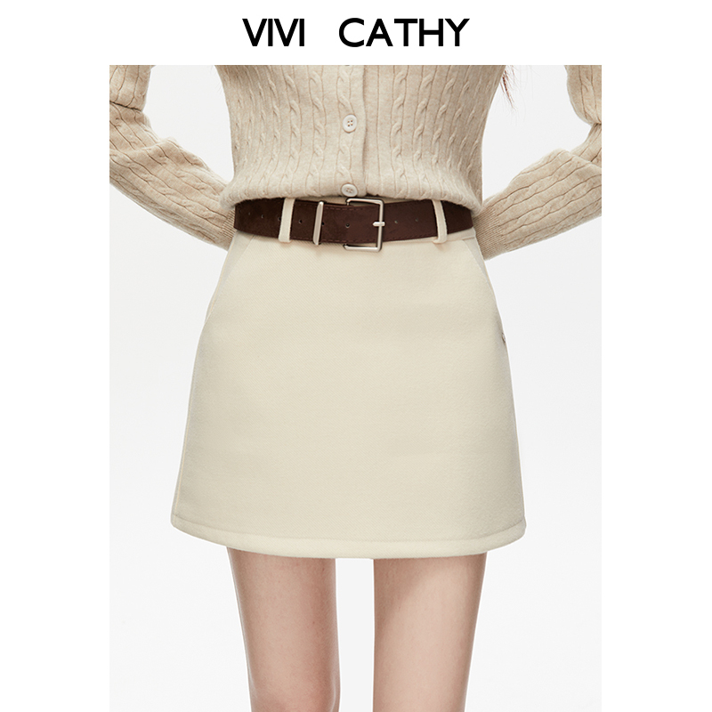 VIVICATHY2025秋冬百搭气质A字裙配皮带防走光高腰显瘦毛呢短裙