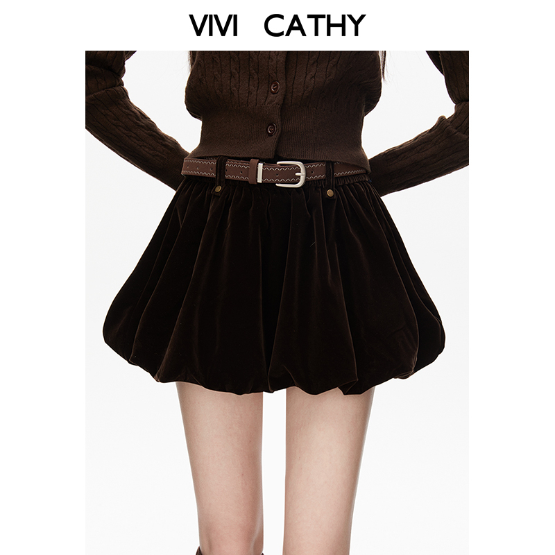 VIVICATHY2025秋冬通勤佰搭咖色丝绒花苞裙女高腰a字蓬蓬半身裙