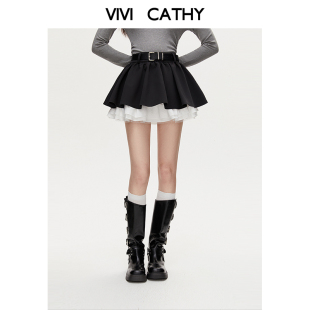 VIVICATHY2025秋季 黑色拼接蓬蓬蛋糕半身裙女芭蕾风a字辣妹短裙