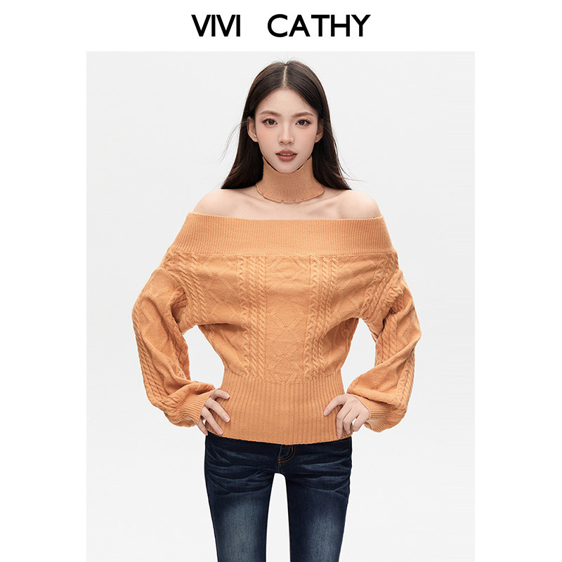 VIVICATHY2025秋冬一字肩麻花长袖御姐辣妹气质针织衫慵懒风上衣
