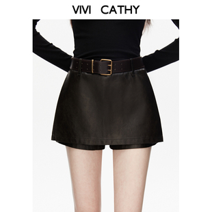 VIVICATHY辣妹超短a字皮短裙女装2025秋冬季新款高腰开衩包臀裙裤