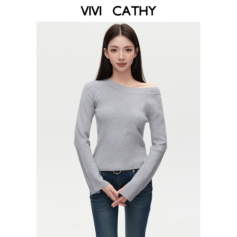 VIVICATHY2025秋斜肩喇叭袖针织衫女设计感露肩气质修身短款上衣
