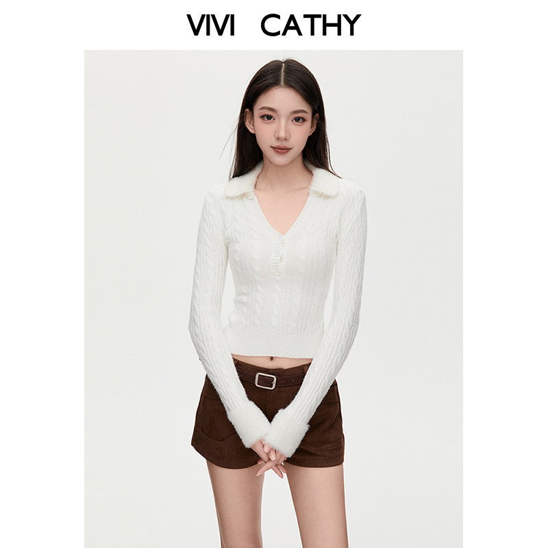 VIVICATHY2025秋冬韩系甜辣毛毛领拼接长袖针织女修身打底衫上衣