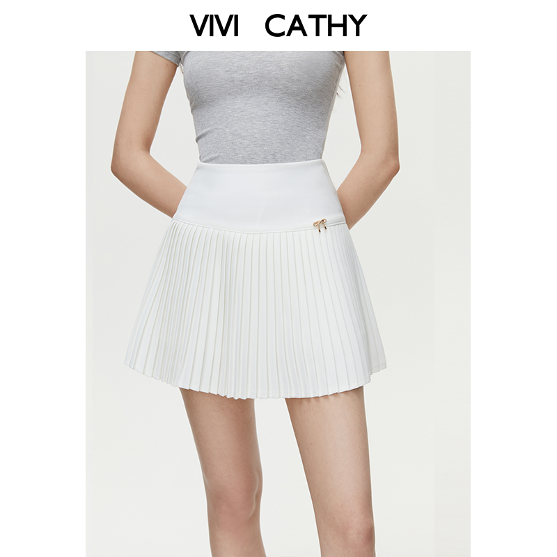 VIVICATHY2025夏季高腰学院风百褶半身裙女显瘦白色A字短裙防走光