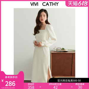 VIVICATHY2025年女装法式美背鎏光纱拼接侧开衩连衣裙