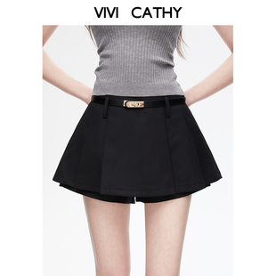 VIVICATHY2026春夏韩系轻通勤黑色a字半身裙高腰显瘦百褶裙裤 女