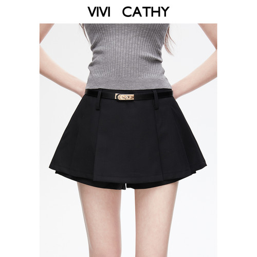 VIVICATHY2026春夏韩系轻通勤黑色a字半身裙高腰显瘦百褶裙裤女