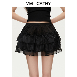 VIVICATHY2025夏黑色南瓜裙裤 多层蓬蓬裙 蛋糕裙防走光打底安全裤