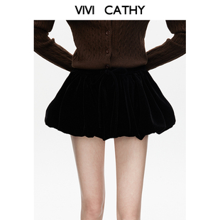 VIVICATHY2025秋冬甜辣丝绒花苞半身短裙女系带蝴蝶结蓬蓬小黑裙