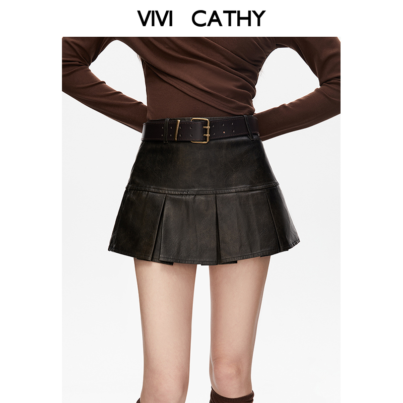 VIVICATHY2025秋深咖PU皮半身裙女高腰小个子a字裙辣妹百褶裙