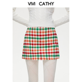 VIVICATHY2025秋冬氛围感彩色格纹低腰半身裙女设计感显瘦a字裙