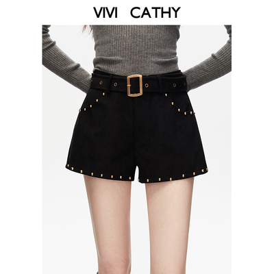 VIVICATHY2025秋冬美式辣妹铆钉设计感麂皮短裤女黑色低腰休闲裤