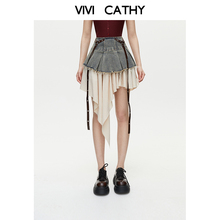VIVICATHY2025夏美式设计感辣妹不规则牛仔拼接半裙女显瘦A字短裙