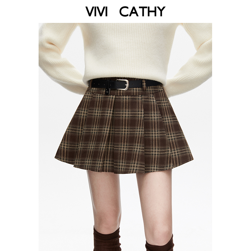 VIVICATHY美式学院风百褶半身裙女2025秋冬新款咖色格子a字jk裙子