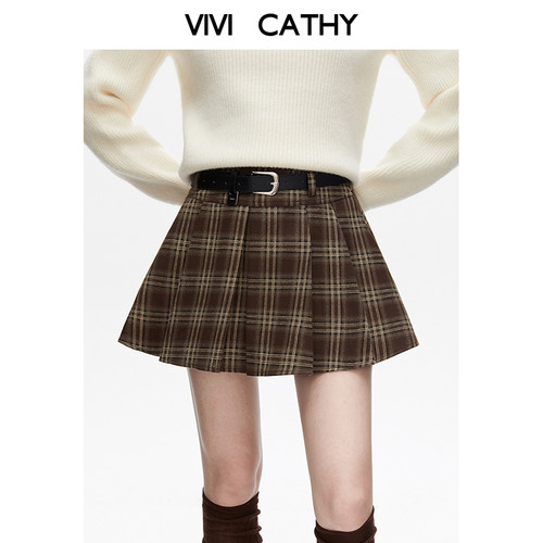 VIVICATHY美式学院风百褶半身裙女2025秋冬新款咖色格子a字jk裙子