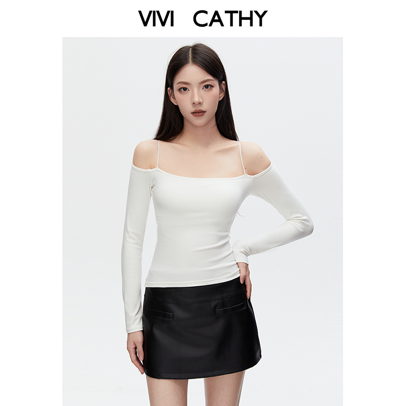 VIVICATHY2025秋带胸垫长袖T恤女白色修身打底衫辣妹一字肩上衣