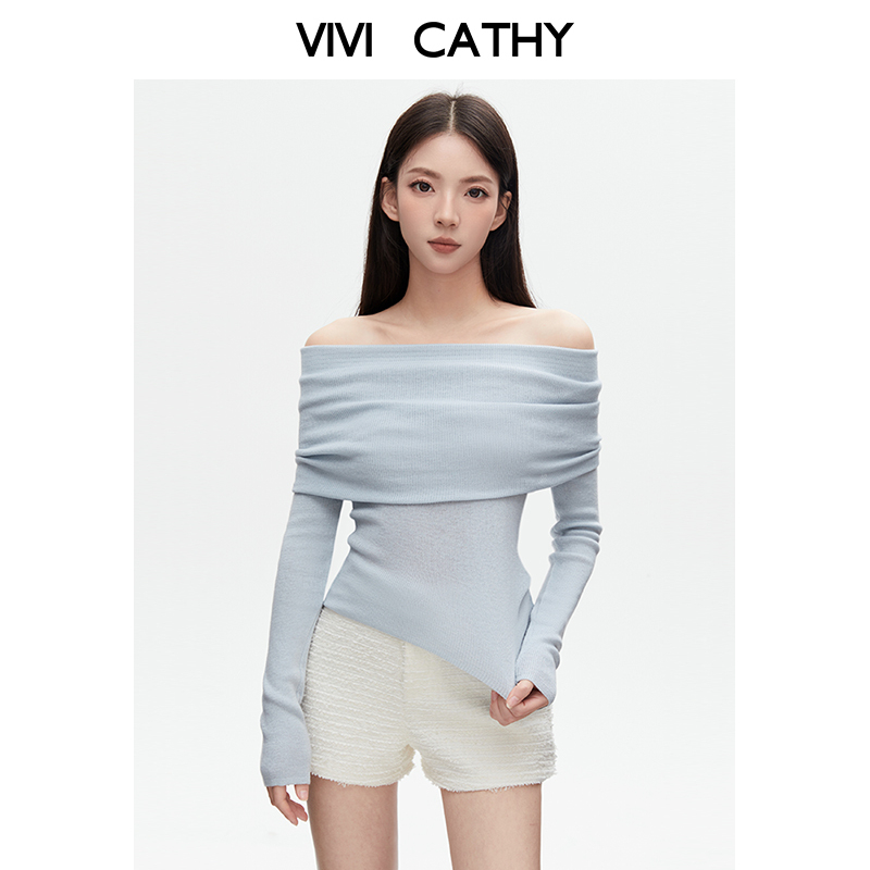 VIVICATHY2025秋纯欲锁骨一字肩针织衫女蓝色温柔风打底毛衣上衣