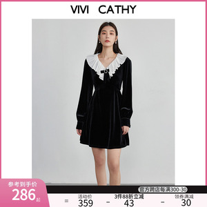 VIVICATHY2023大码女装冬新减龄撞色荷叶边丝绒显瘦小黑裙