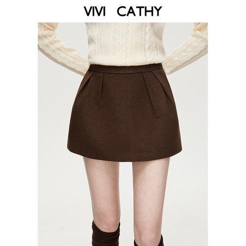 VIVICATHY2025秋冬复古咖色花苞廓形感半身裙女赫本风遮胯短a裙