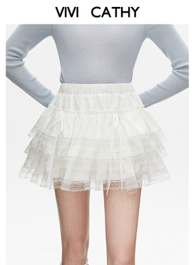 VIVICATHY2025秋法式蕾丝半身裙女高腰蝴蝶结a字裙蛋糕蓬蓬短裙