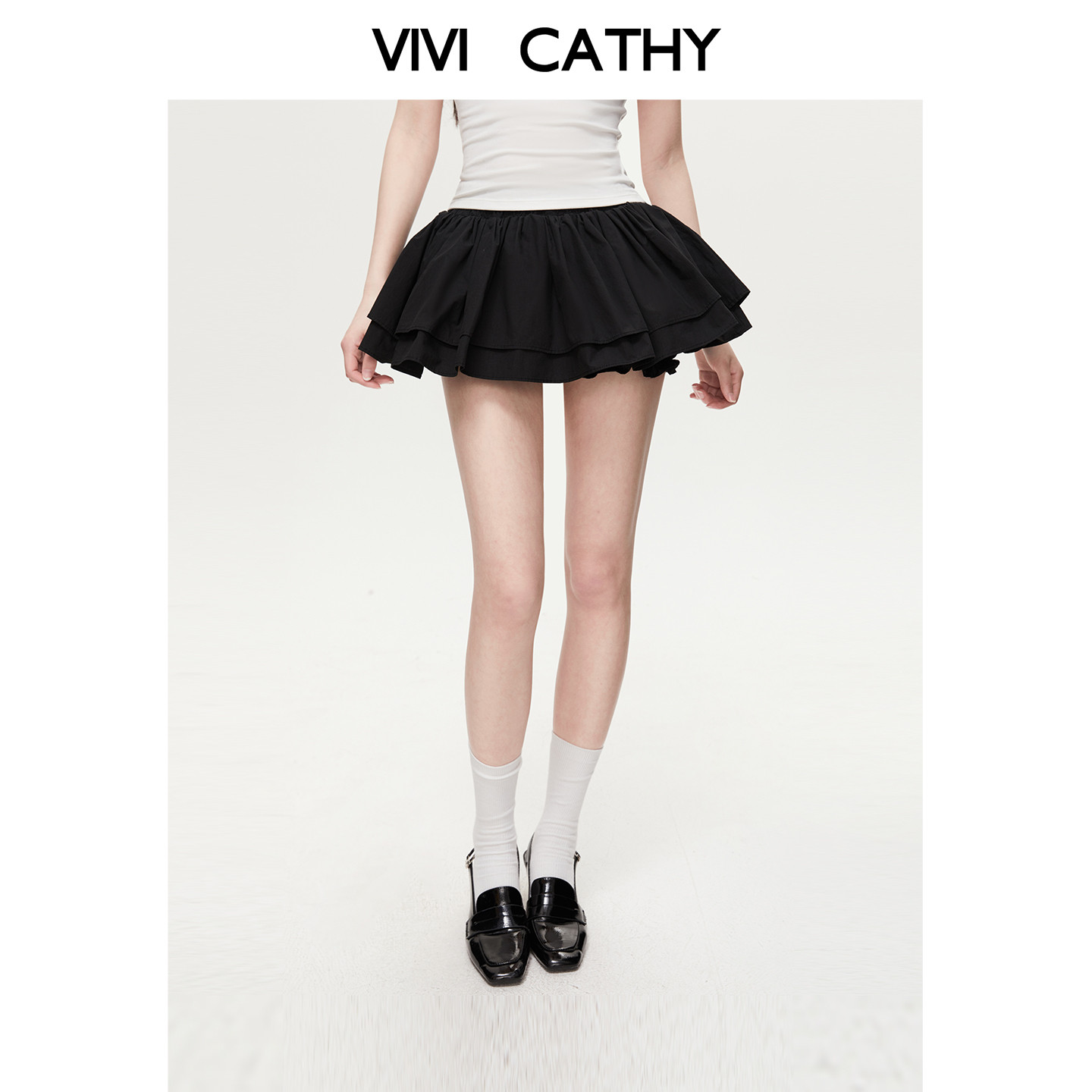 VIVICATHY2026夏季黑色蓬蓬半身裙女小个子低腰miu风蛋糕裙短裙