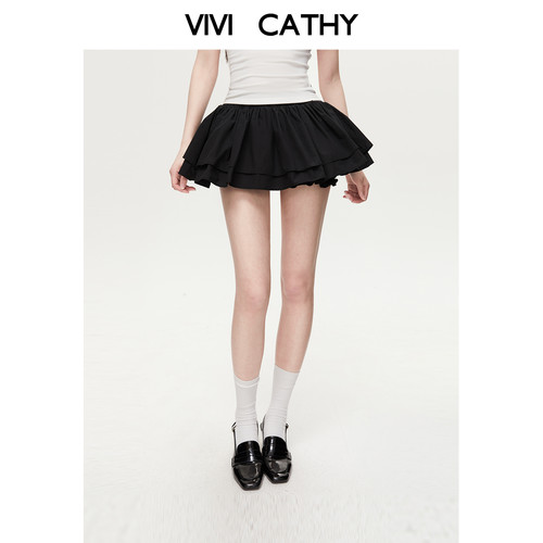 VIVICATHY2026夏季黑色甜辣蓬蓬半身裙女辣妹低腰miu风蛋糕裙短裙