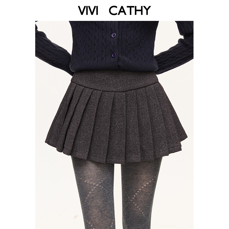 VIVICATHY2025秋冬韩系学院风高腰佰搭基础款毛呢a字百褶短裙女