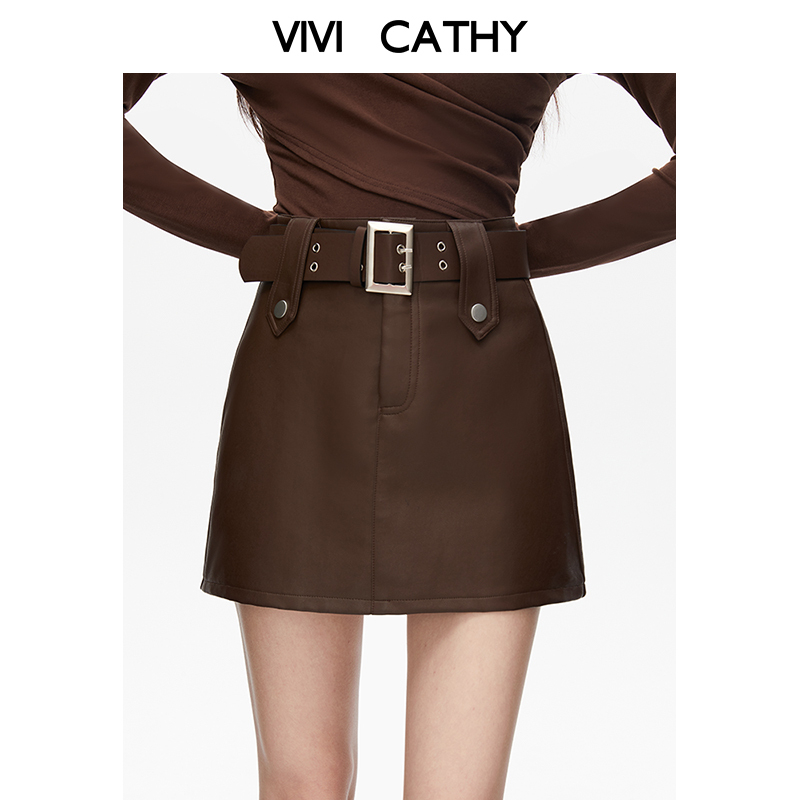 VIVICATHY2025秋美式复古辣妹咖色半身裙女美拉德高腰a字短皮裙
